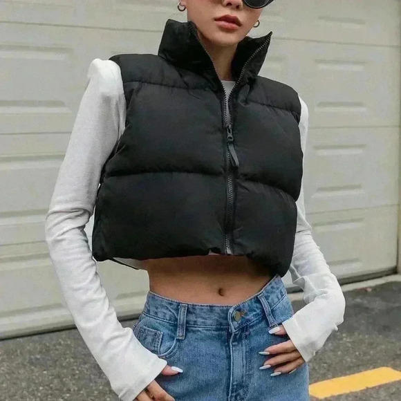 Black Casual Women's Zip Up Crop Vest Puffer Thick Coat - Picture 6 of 9